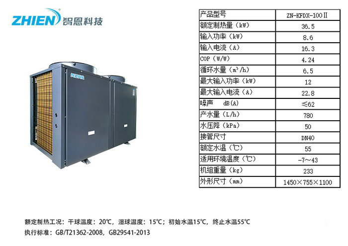 智恩空氣能商用熱水熱泵：10P頂出風參數(shù)表